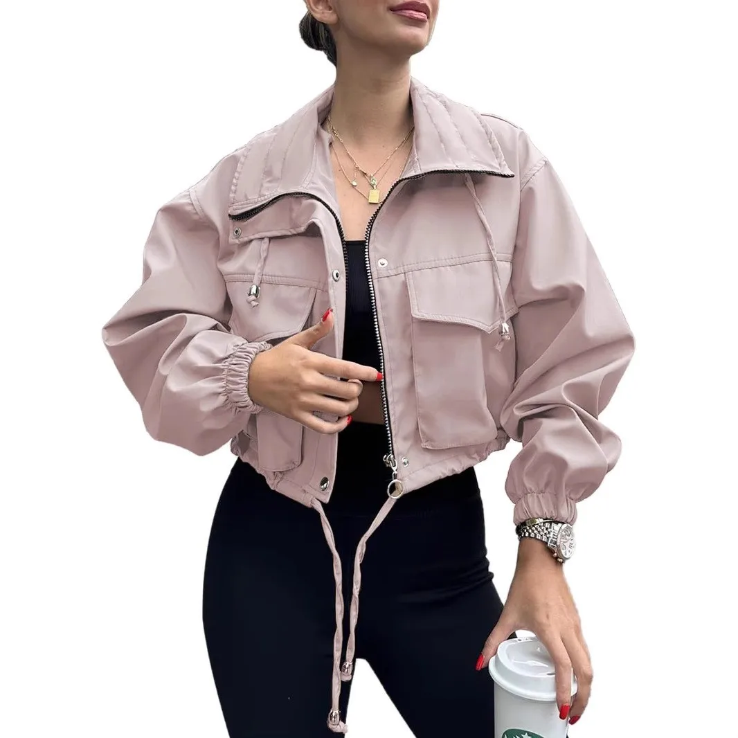 Zipper Loose Fit Coat Short Length with Patchwork Autumn Streetwear European and American Style Long Sleeve Women Jacket