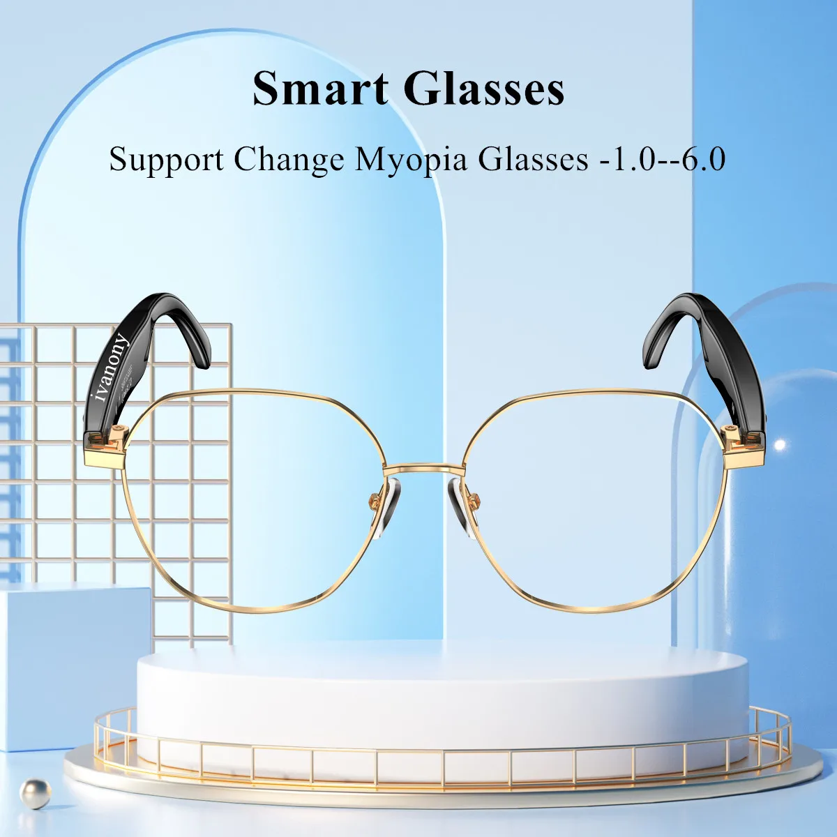 

Gold Frame Smart Glasses Bluetooth Language Translation Support Prescriptions Lenses Answer Call Play Music Smart Eyeglasses