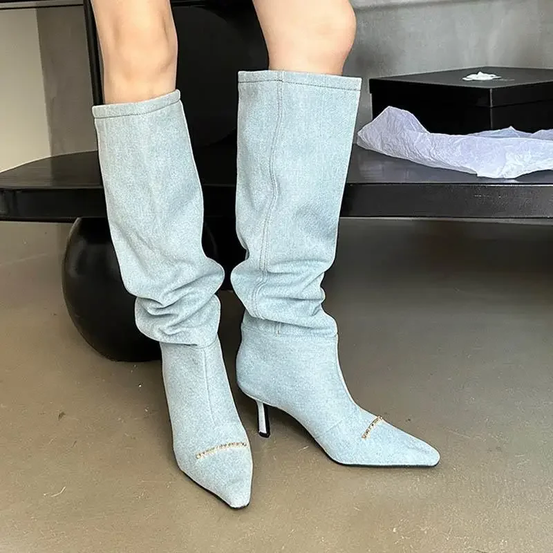 Women Denim Long Boots Fashion Metal Decoration High Heels Pointed Toe Ladies Shoes Brand Design Zipper Style Leisure Booties