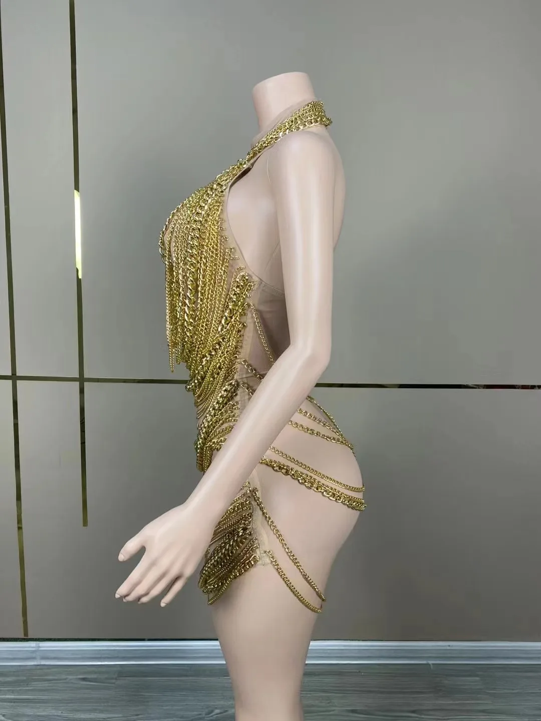 Sexy Luxury Dress Women Shiny Gold Chain Dress Silver Stage Talent Performance Dress Birthday Celebration Party Dance Dress