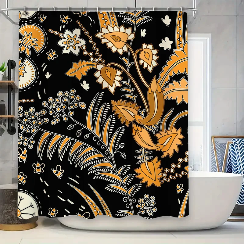 

Роскошные занавески для ванной, цветочная занавеска для душа с черным фоном, оранжево-золотисто-белый дизайн, декоративный индивидуальный размер для ванны
