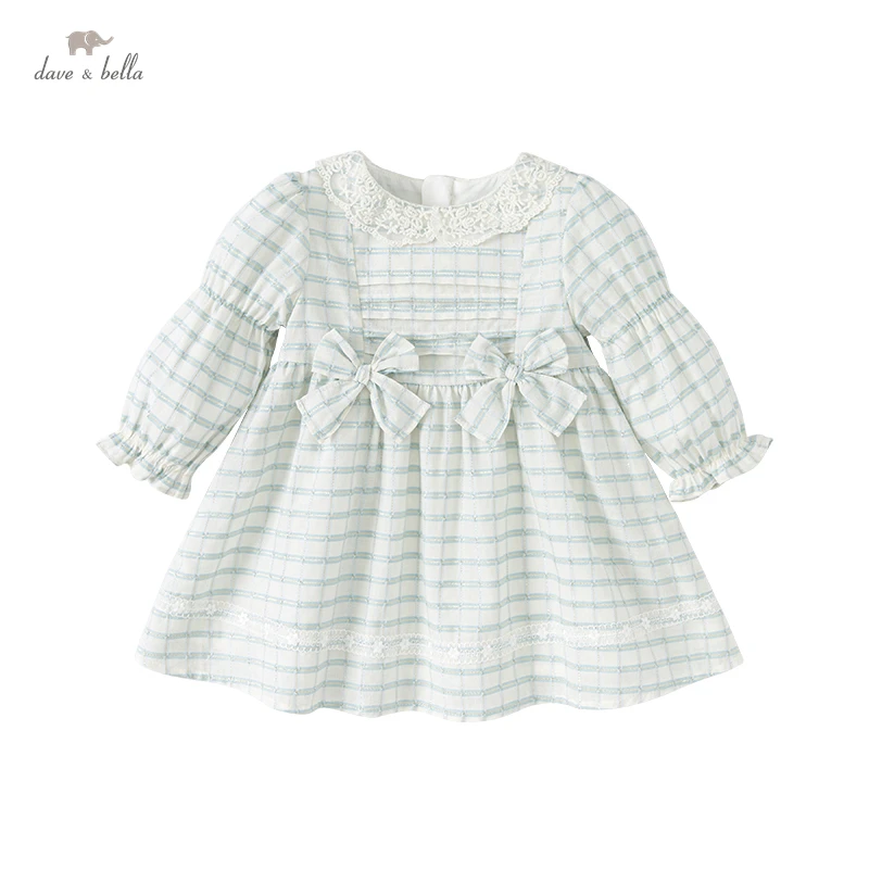 DB1220580 dave bella spring baby girls cute bow plaid dress fashion party dress kids girl infant lolita clothes