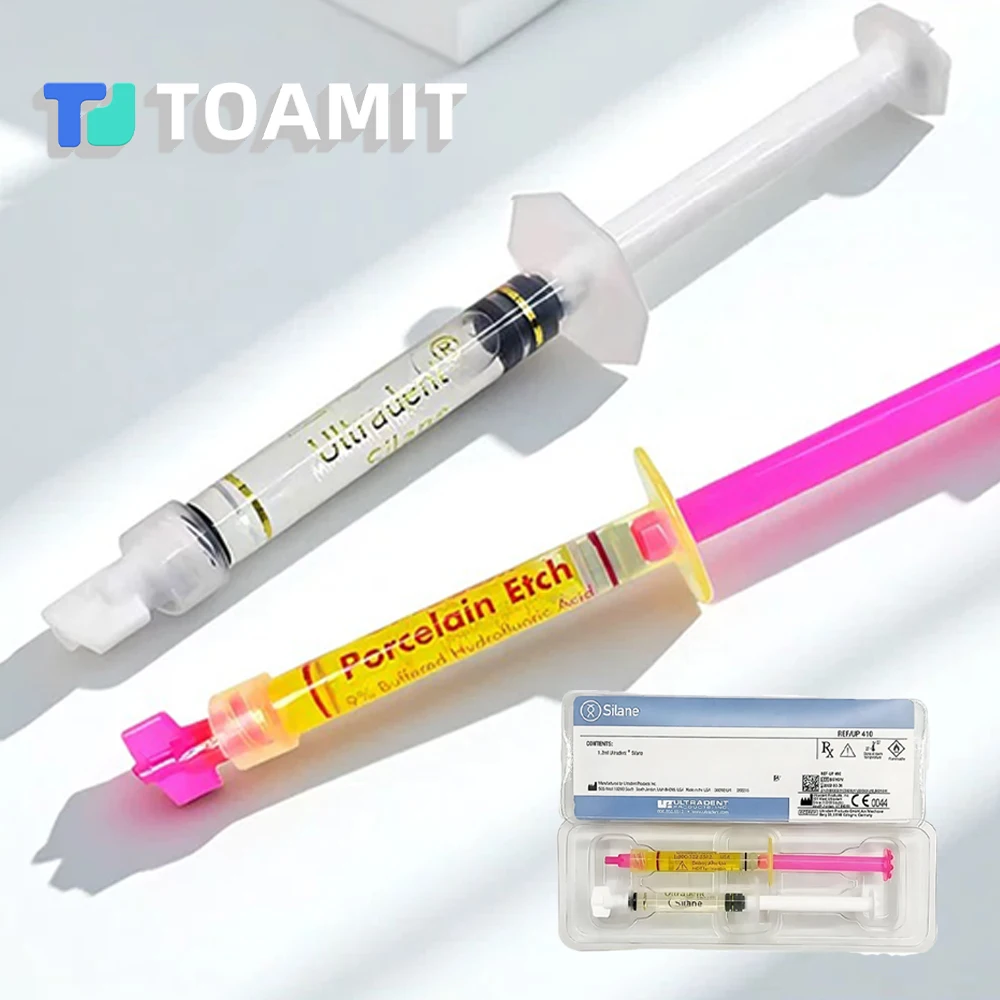 

Complete Ceramic Pretreatment Kit: HF Acid Etchant & Silane Coupling Agent for Veneer, Inlay & Zirconia Restoration Bonding