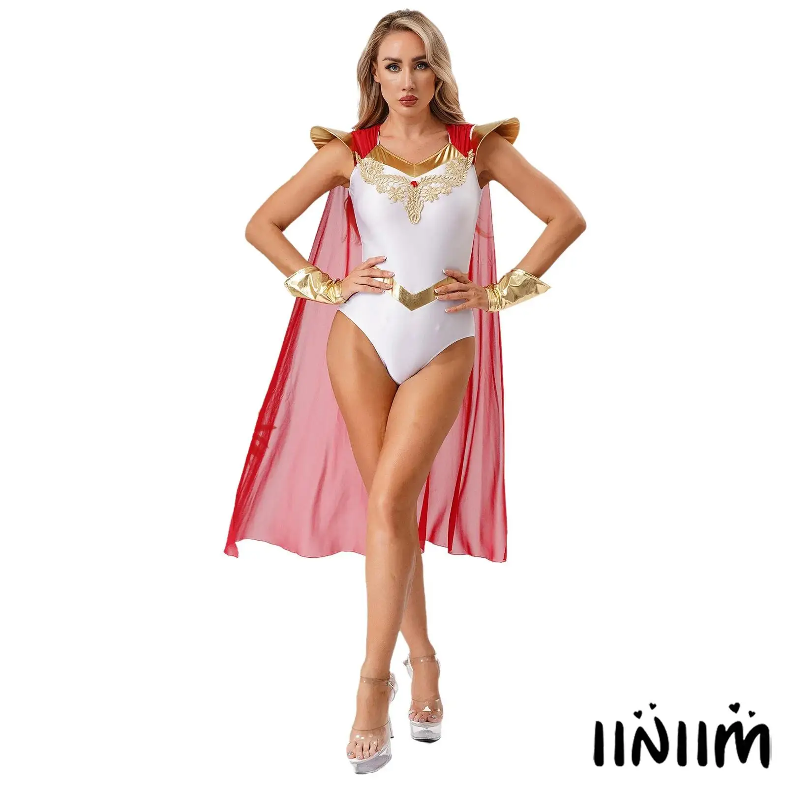 

Womens Halloween Greek Hero Jumpsuit with Sleeves Gem And Guipure Lace Decor Fly Sleeve Long Cloak Bodysuit for Cosplay Party