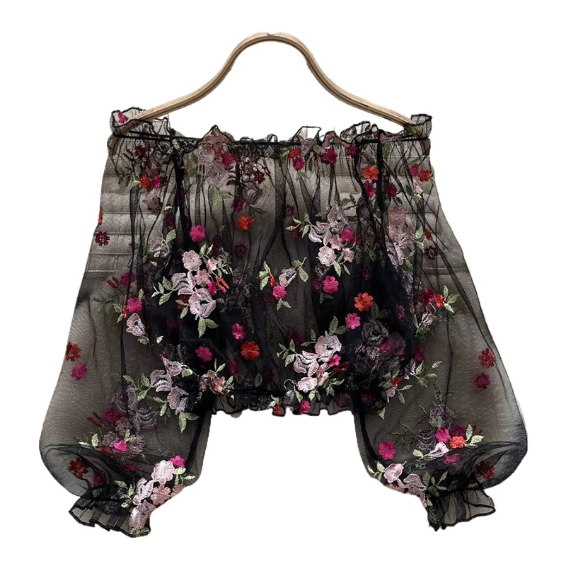 

Summer Women's Shirt Loose Bubble Sleeve Short Cover Shirt Long Sleeve Lace Shirt