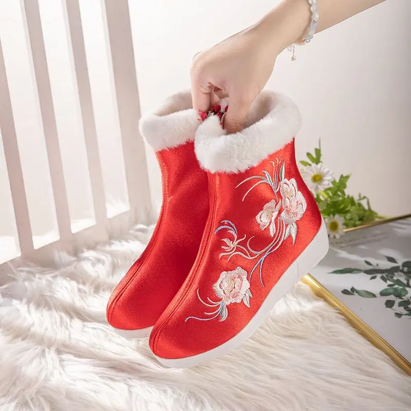 Hanfu chinois bottes brodées chaussures femmes blanc rouge rehausser Hanfu savon bottes courtes chaussures pour femmes grande taille 35-40 #