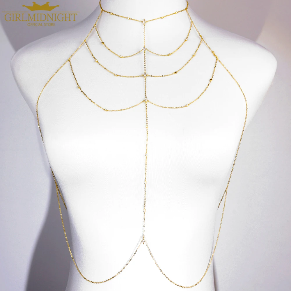 

New Multi Layer Body Necklace Gold Color Micro Pave 5A Cubic Zirconia CZ Station Chain Luxury Fashion Sexy Bikini Women Jewelry