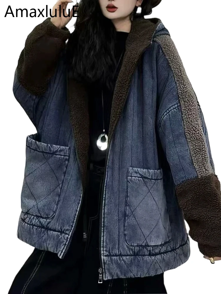 

Amax LuluE Korean Winter Fashion Fur Coats Womens Oversized Denim Hooded Parkas Ladies Loose Casual Thicken Warm Padded Jackets