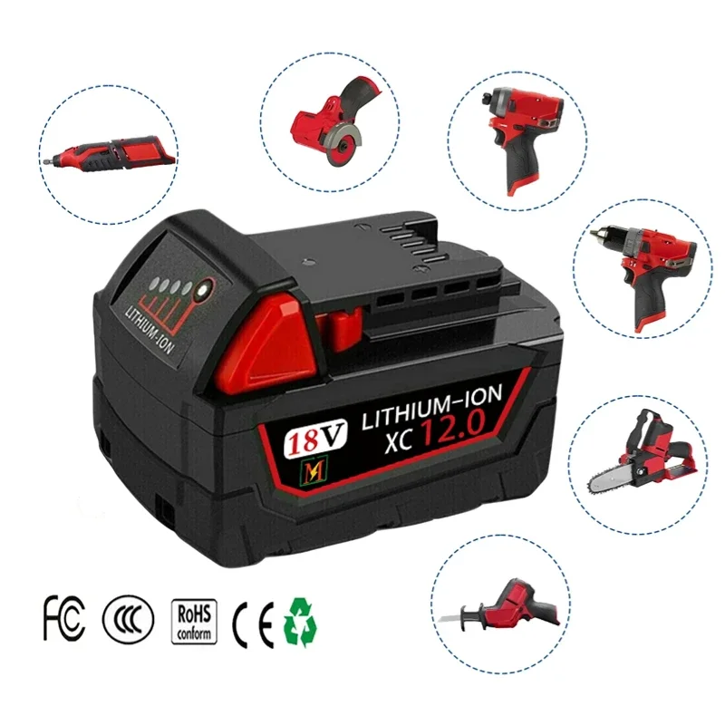 Batería de iones de litio de alta capacidad, 18V, 9Ah/12Ah, para Milwaukee M18 XC, 48-11-1860, 48-11-1850, 48-11-1840