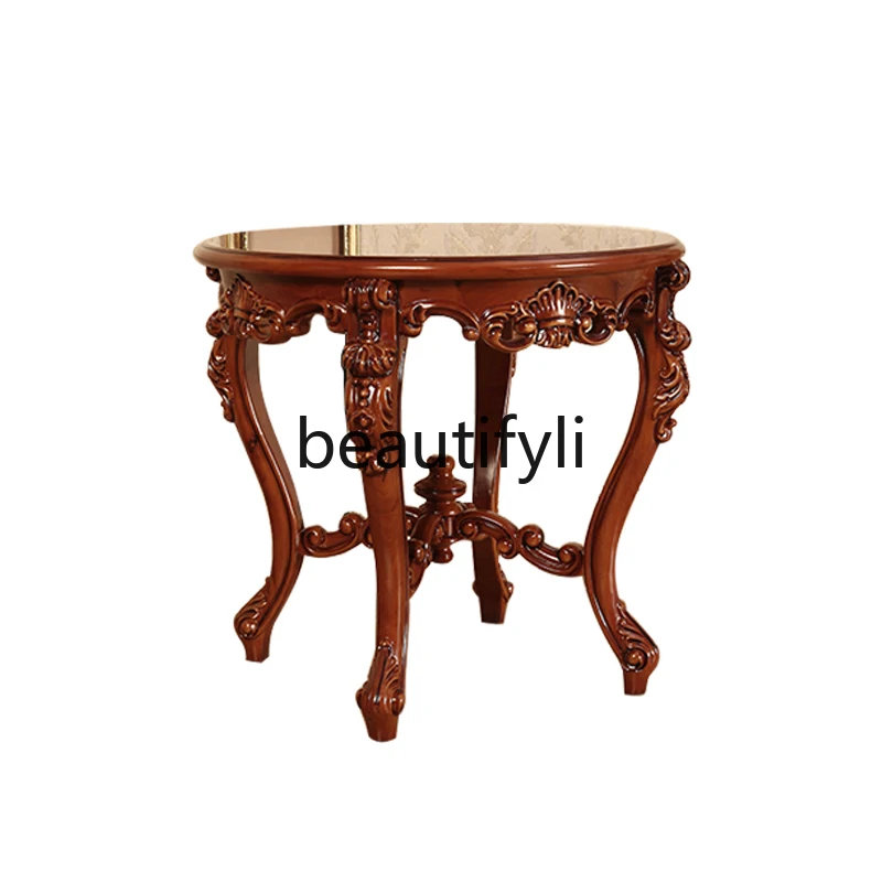 

Европейский круглый журнальный столик из цельного дерева, круглый журнальный столик с резьбой в отеле, для отдыха, гостиной, приставной столик