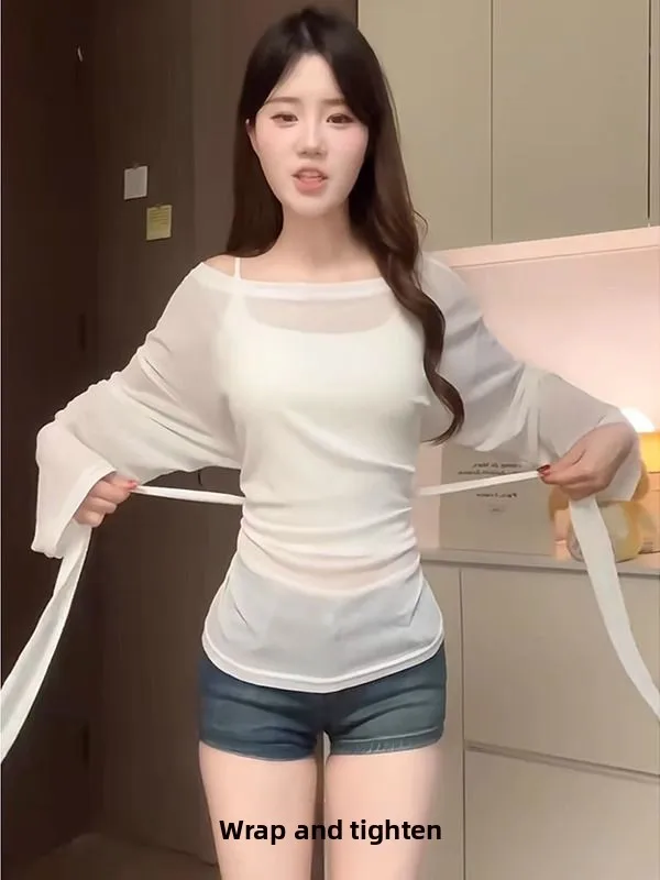 

Летняя для похудения Hot Girl oulder Bared Long Sve T irt Женская модная универсальная однотонная защита от солнца для поездок на работу...