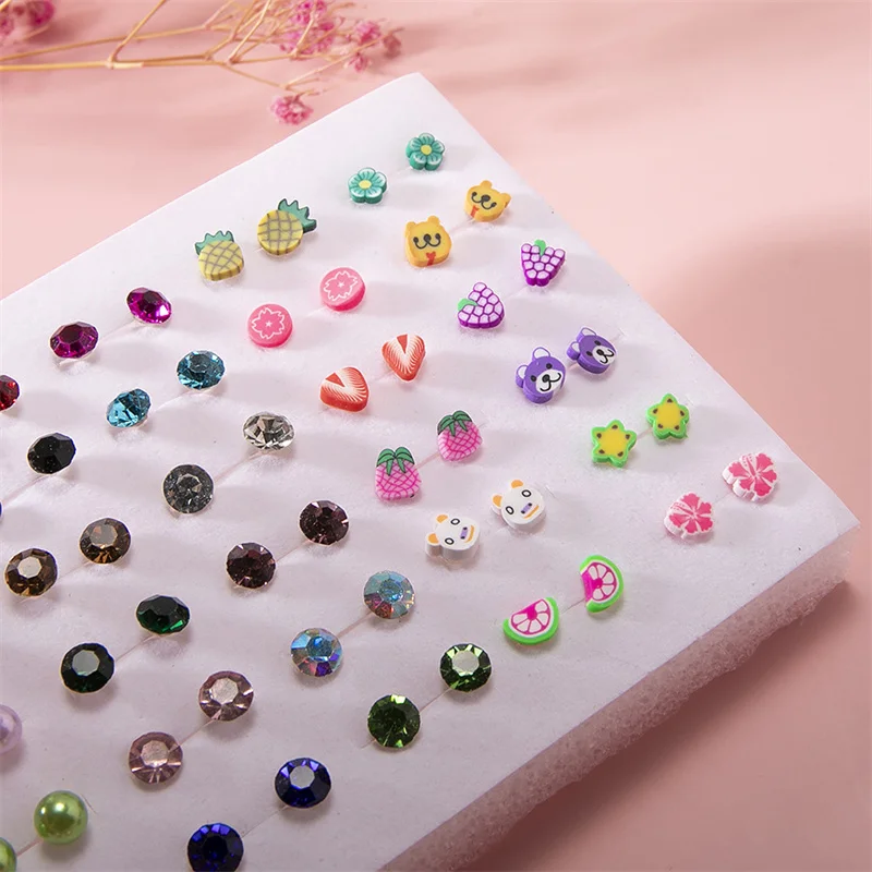 36Pair Mixed Size Colorful Crystal Stud Earrings Set Women Girls Small Plastic Clay Animals Fruit Earrings Set Jewelry Gifts