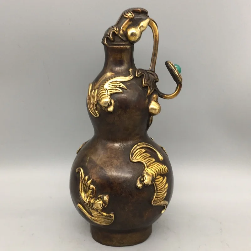 Inlaid Agate Five-Blessing Gourd Bronze Collectible, Gilt Bronze Home Decorative Ornament, Fortune and Prosperity Bronze Gourd