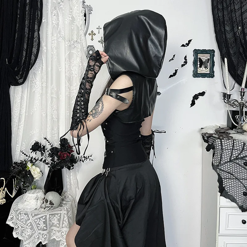 Goth Dark Punk Style Sleeveless Zip Hooded Crop Tops Women Cyber Y2K Faux Pu Leather Hoodies Smock Mall Gothic Streetwear 2025