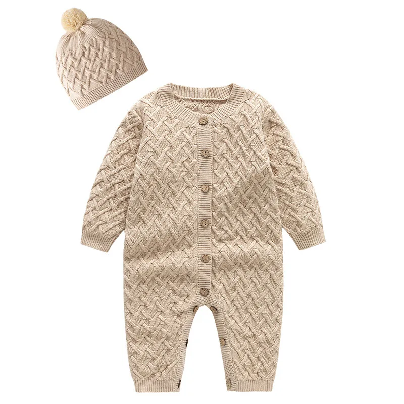 Autunno inverno stile coreano neonato ragazzi ragazza tinta unita maglia tuta + cappello bambino pagliaccetto bambini vestiti lavorati a maglia