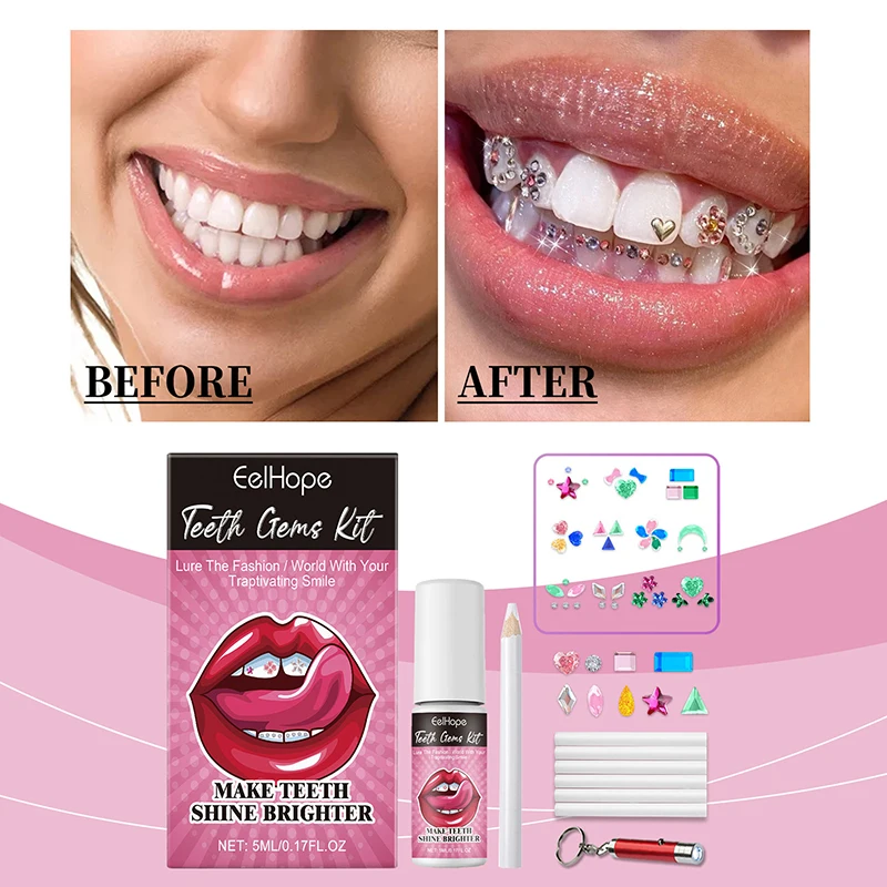 Tooth Jewelry Kit DIY Teeth Gems Kit With Glues And Light Teeth Clear Precious Stone Jewelry Decoration Glittering Tooth Gem Kit