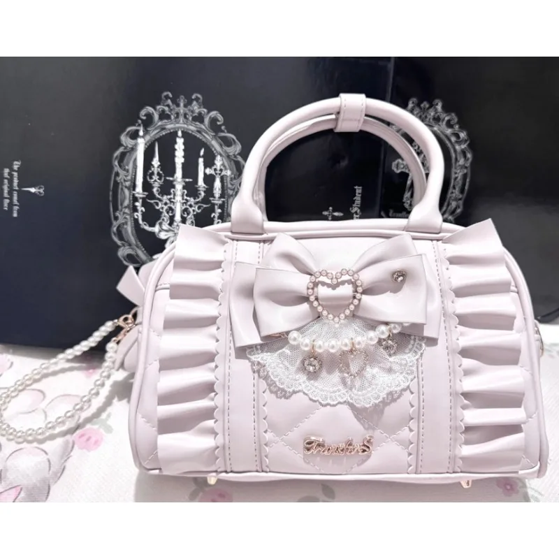 Japanese Lolita Bag Women Fashion Pearl Pleated Bow Lace Zipper Large Capacity Messenger Bag Kawaii Girl Princess Backpack Women