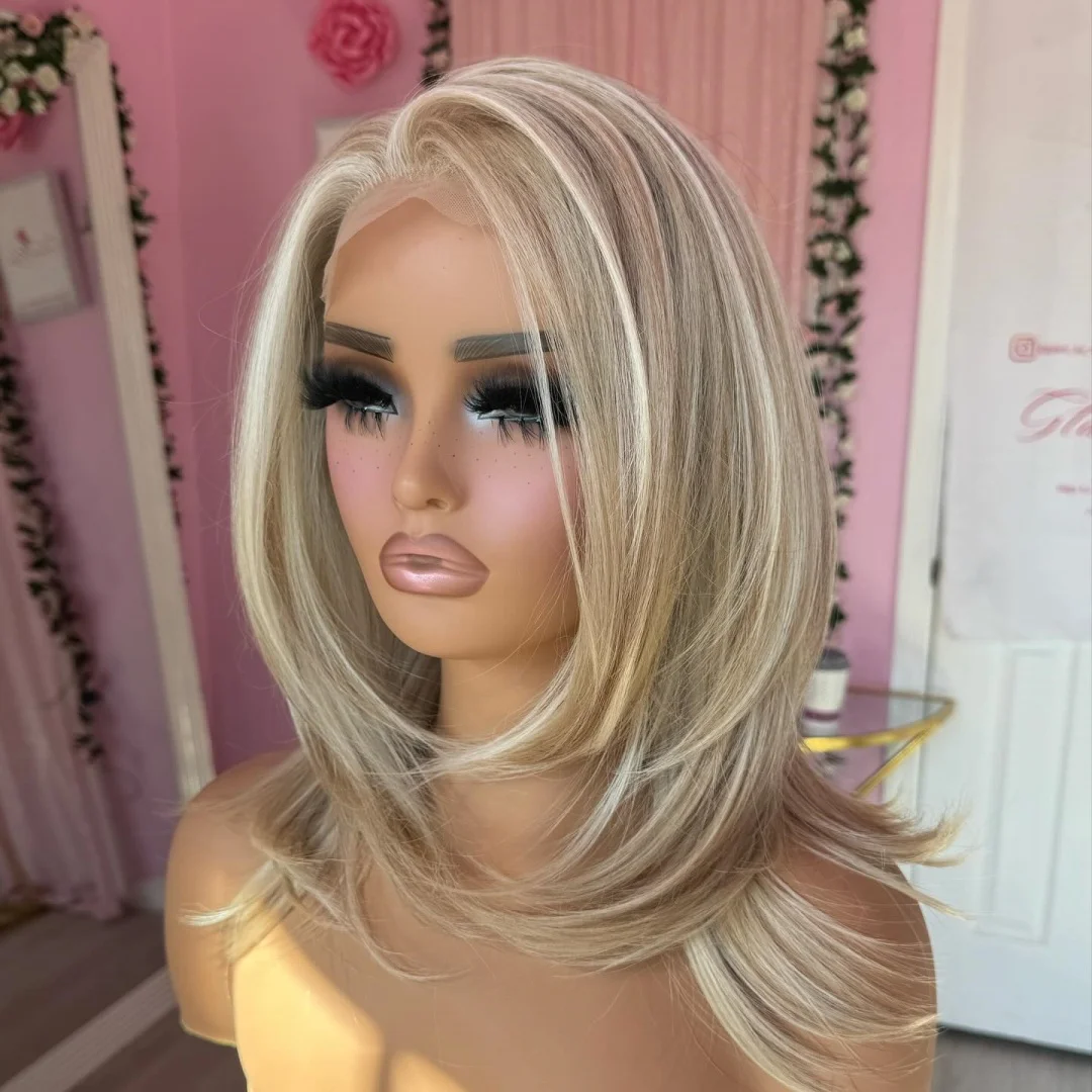 Shoulder Length Layered Lace Wigs For Women Natural Ash Blonde Highlights wig Glueless Daily Use Easy to Wear Soft Wavy