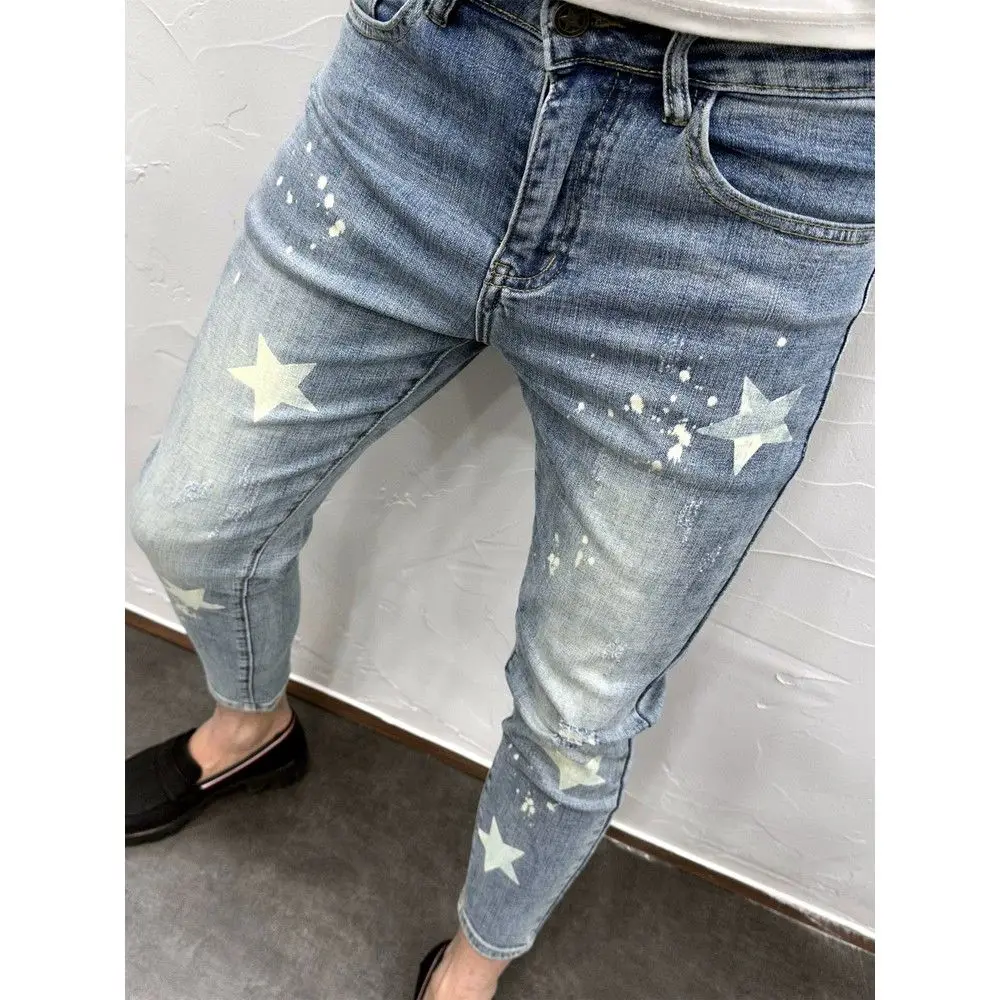 

Casual Denim Slim Spring Autumn Fashion Ripped Holes Printed Cowboy Design Light Blue Water Washed Punk Pants Skinny Jeans Men