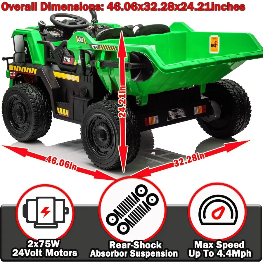 24V Ride on Dump Truck, Kids Electric Car with Remote Control, Ride on Construction Vehicles with Electric Dump Bed and Extra Sh