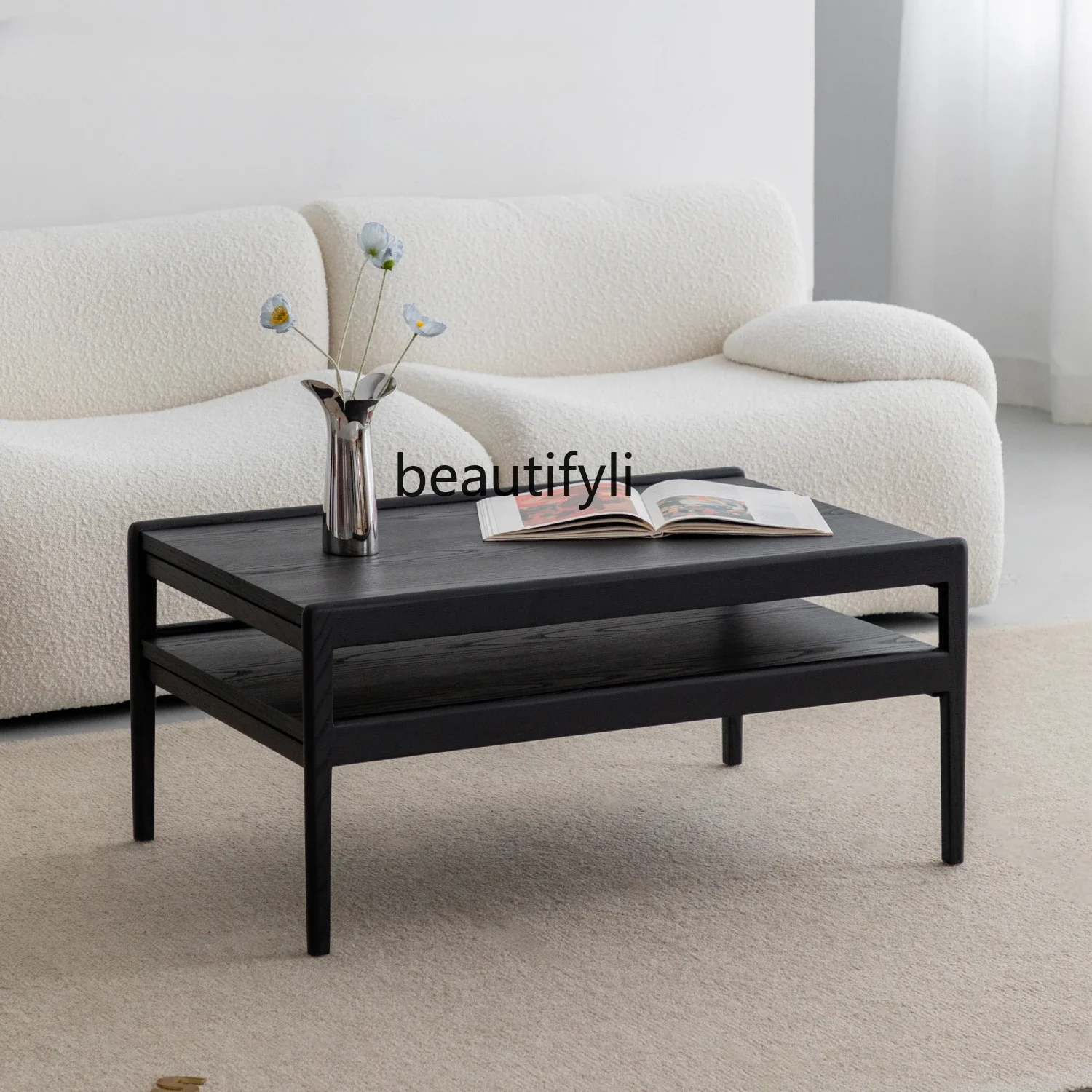 Black coffee table dining table dual-purpose two-in-one double-layer retractable ash wood sticker leather retro