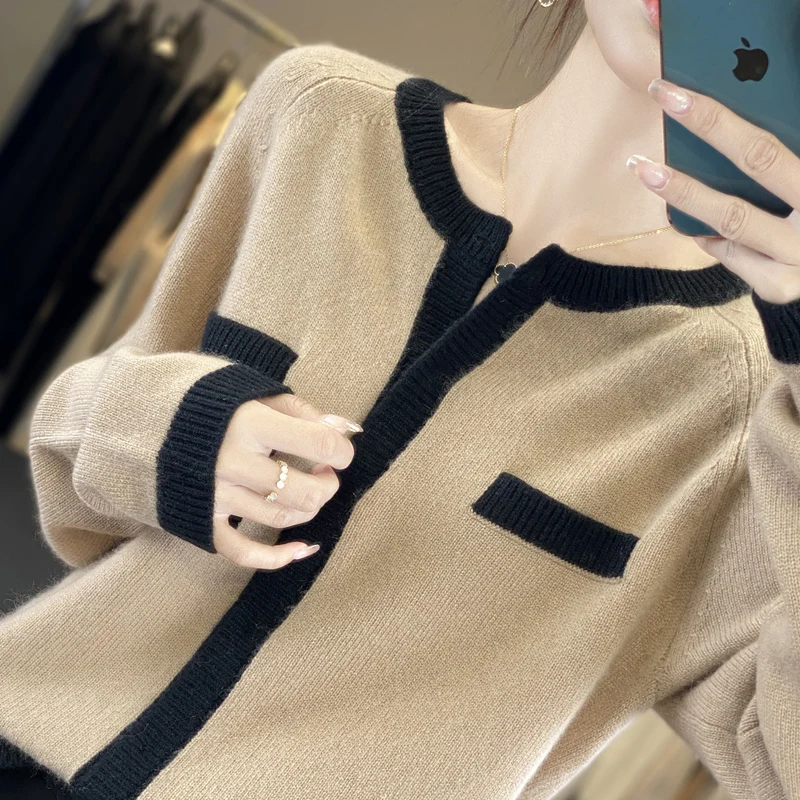 French Classics Elegant O-Neck Pure Wool Knitted Cardigan Women Paris Small Fragrance Hidden Button Jacket Coat Sweater Autumn