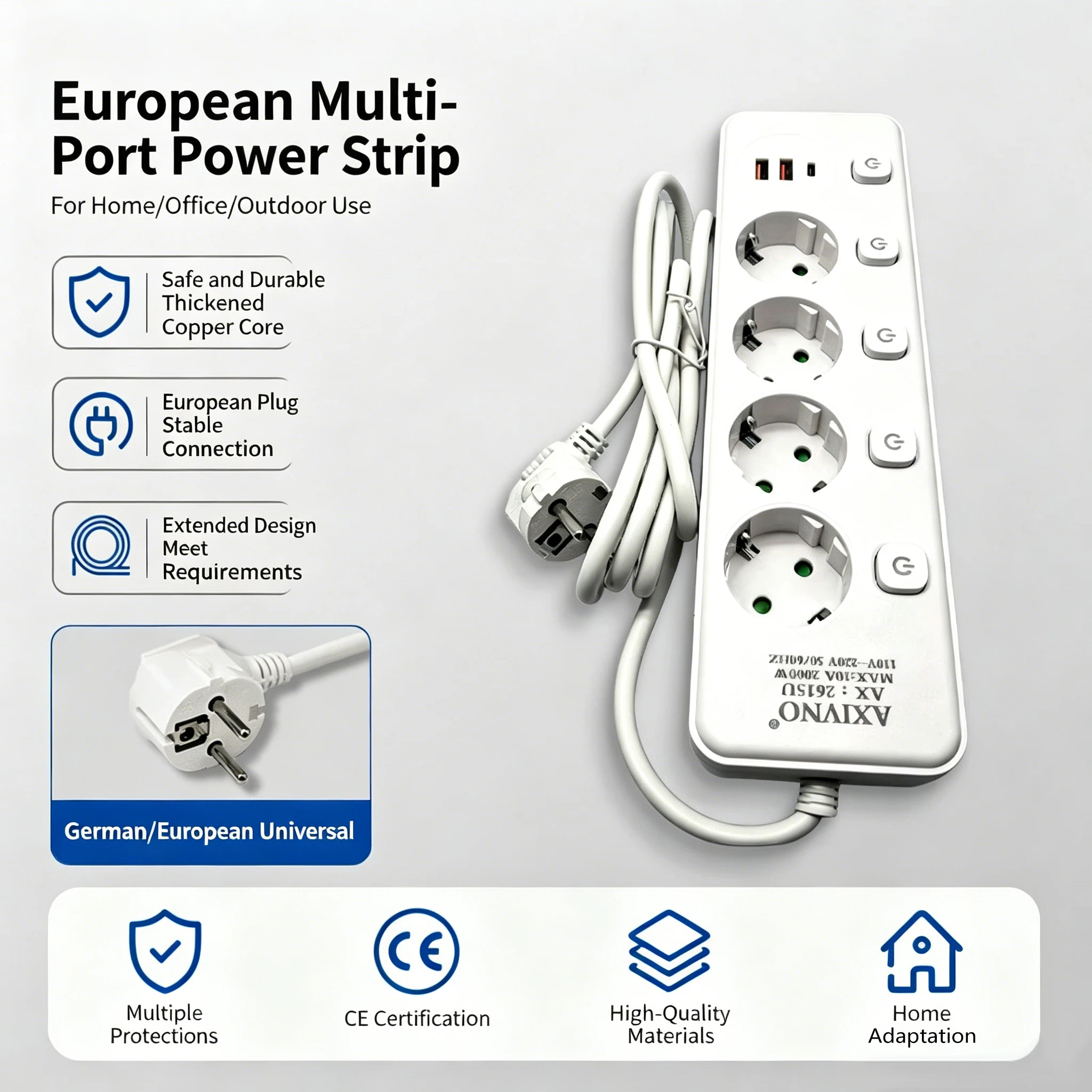 Power Strip 2000W EU Plug 2/3/4 AC Outlet with 2 USB 1PD Port 2M Extension Cord Separate Switch Adapter for Home Office Socket