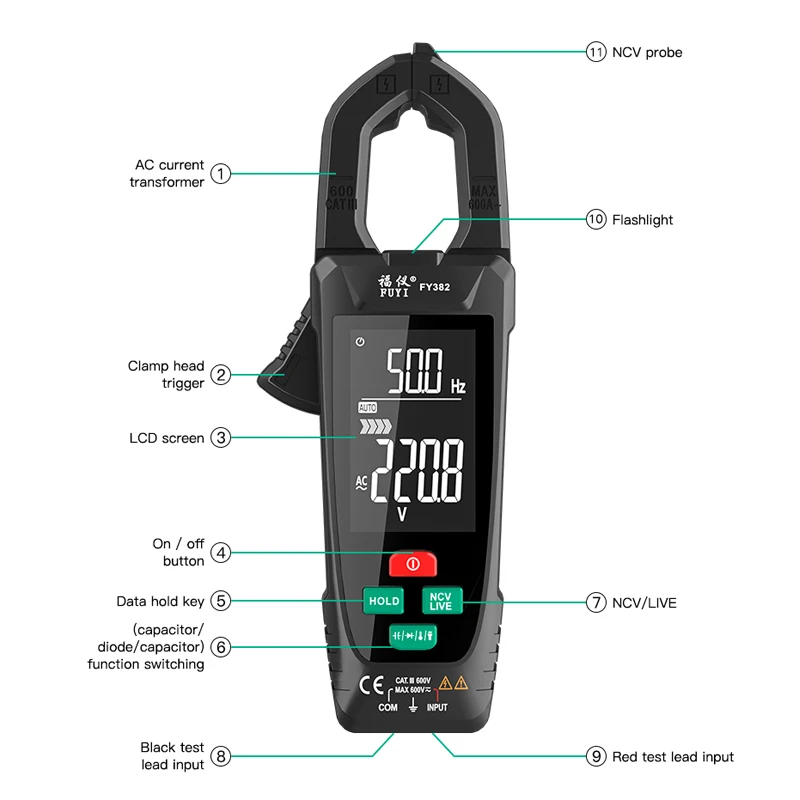 FY382 Digital Clamp Meter 9999 Counts AC Voltage Current Clamp True RMS Auto Range Temp Capacitance Ohm Hz Ammeter Pliers