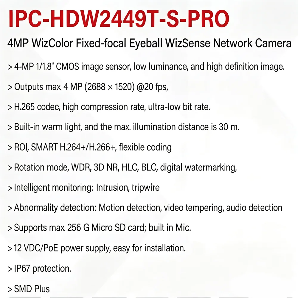 Dahua 4MP 8MP WizColor camera WizSense AI Human Vehicle Built-in Mic IP67 2 Warm Light HDW2449T-S-PRO HDW2849T-S-PRO