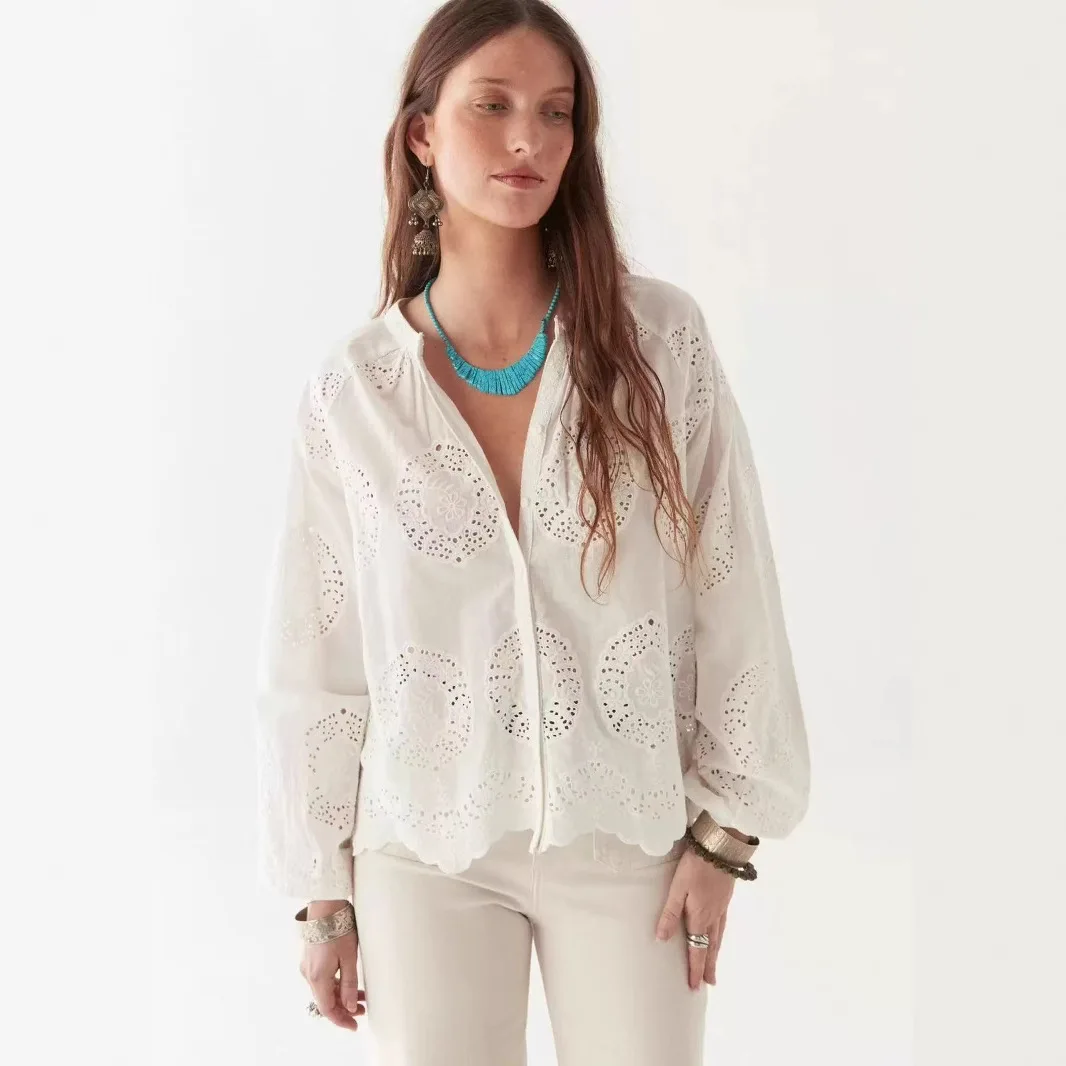 

Lace Trim Loose Fit Long Sve round Ne irt Hollow out Embroidery Casual Sle Women's Faion Cotton Blend irt