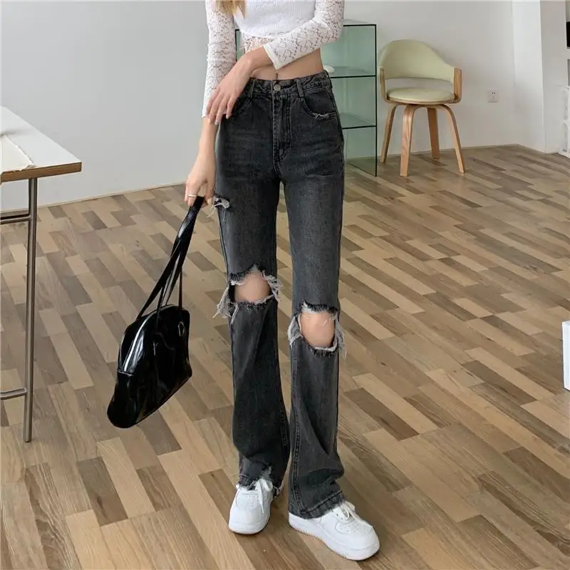 

Women's Black Jeans Retro Oversized Harajuku Yk2 Hole Trousers Hollow Out Pants Casual Ladies Ripped Denim Straight Pants Jeans