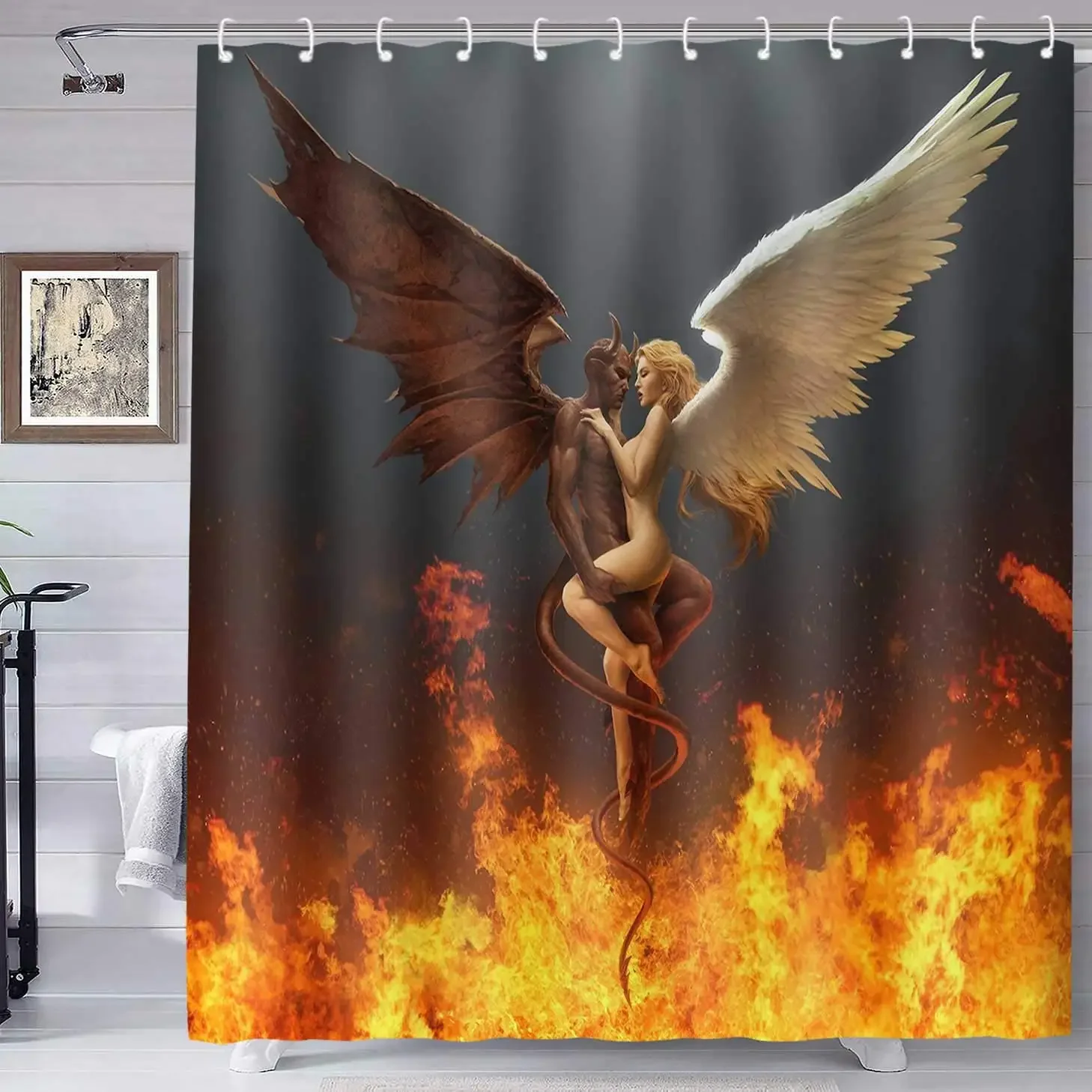 Angel Devil Shower Curtain Sexy Angel Demon Satan Entwined In Flame Bathing Shower Curtains Washable Bathroom Psychedelic Decor