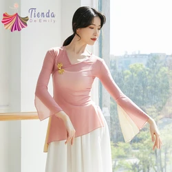 Classical Dance Top Women Flowy Slit Sleeve Colorblocked Gauze Rhyme Shirt Stage Performance Clothing Chinese Folk Dancewear Top