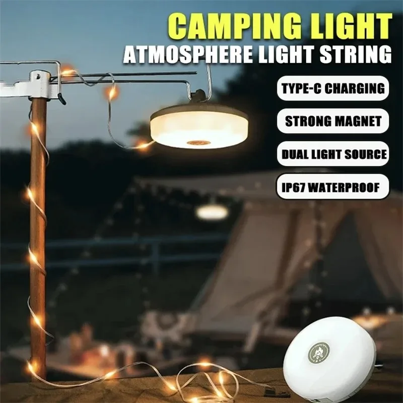 Solar Lights Outdoor Camping Light 10meter String Light Outdoor Tent Light RGB Atmosphere Light LED Flashlight with Hook ﻿