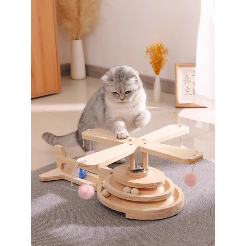 Cat teasing Solid wood scratching board turntable Self-hi to relieve boredom teasing stick Pet toy