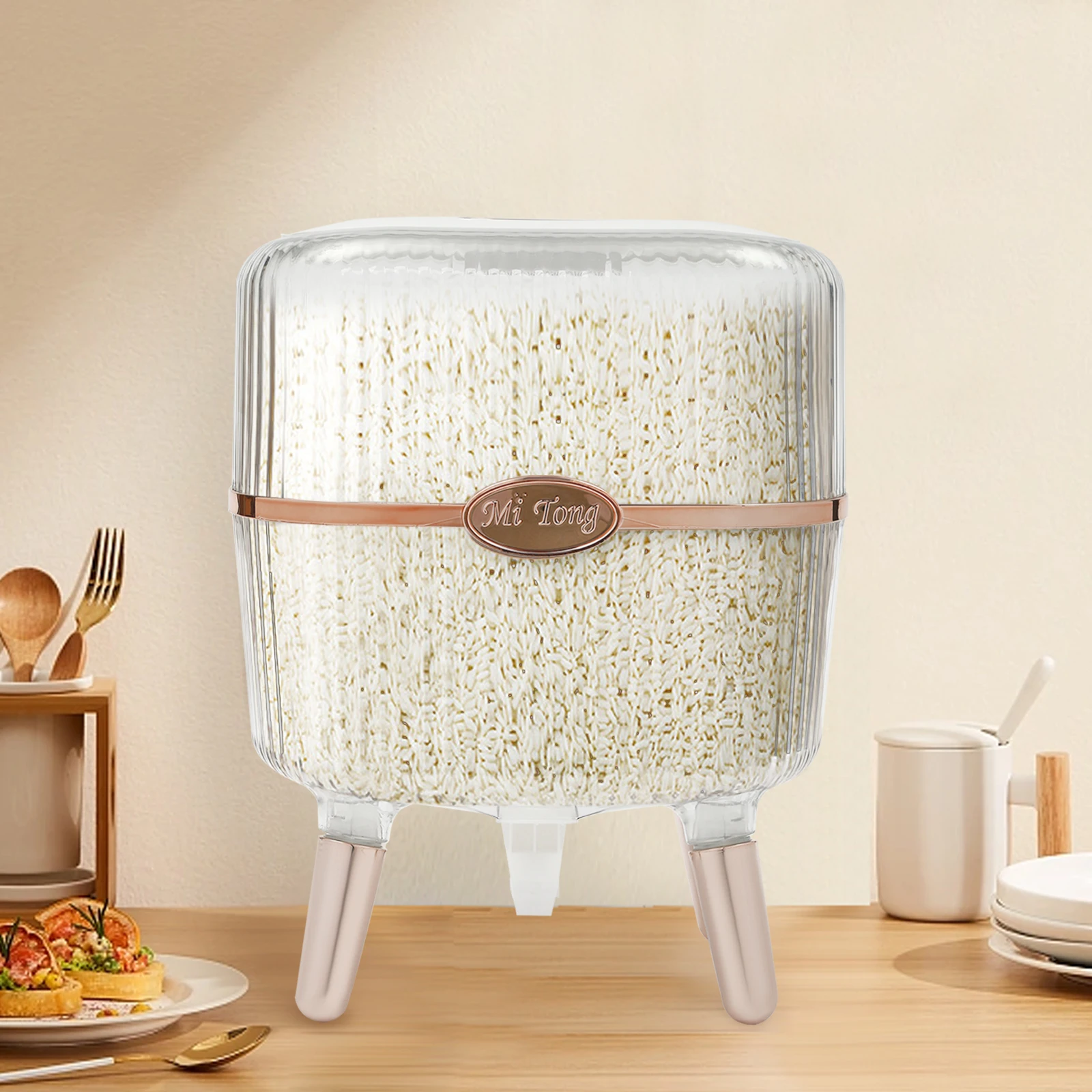 Rice Bucket with Lid, Multi-functional Push-press Rice Dispenser