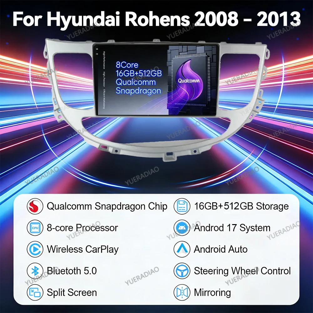 Android 17 Car Radio For Hyundai Rohens Genesis 2008 - 2013 Head Unit GPS NAVI QLED BT 4G WIFI Qualcomm Multimedia Video Player
