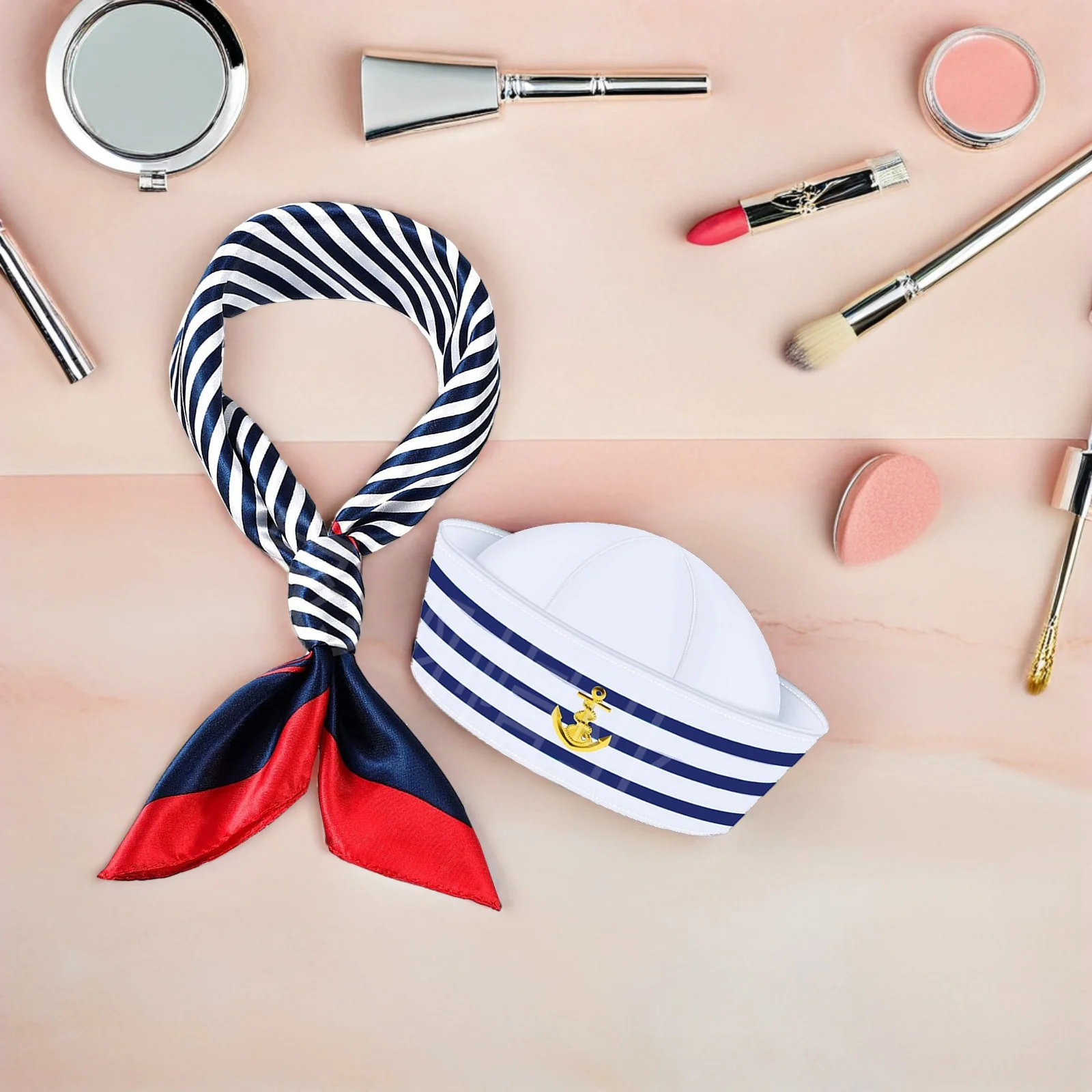 

Blue White Captain Sailor Costume Hat Scarf Set 58cm Sailor Outfit Polyester Party Accessories Marine Style Ship