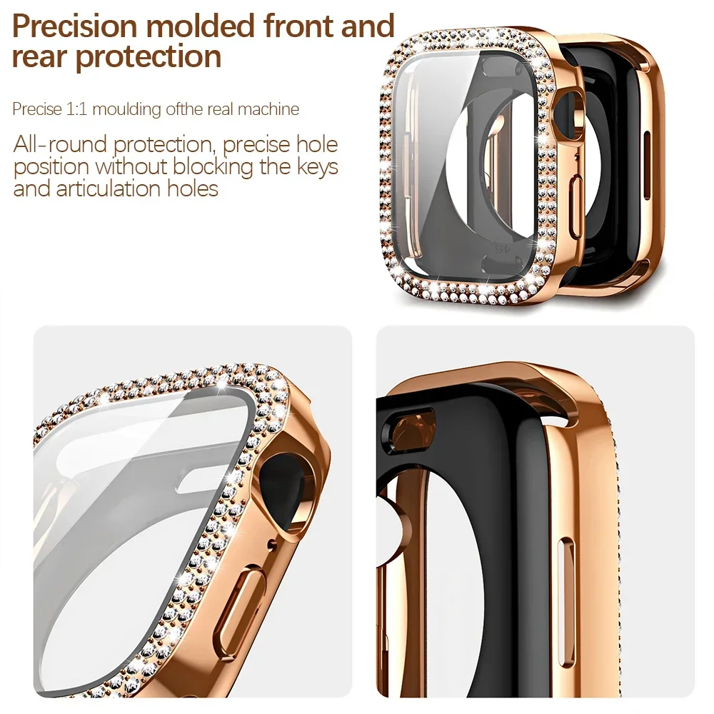 Bling Glass+Cover For Apple Watch Case 49mm 45mm 44mm 41mm 40mm Diamond Bumper+Screen Protector Iwatch Series Ultra 9 8 7 6 5 SE