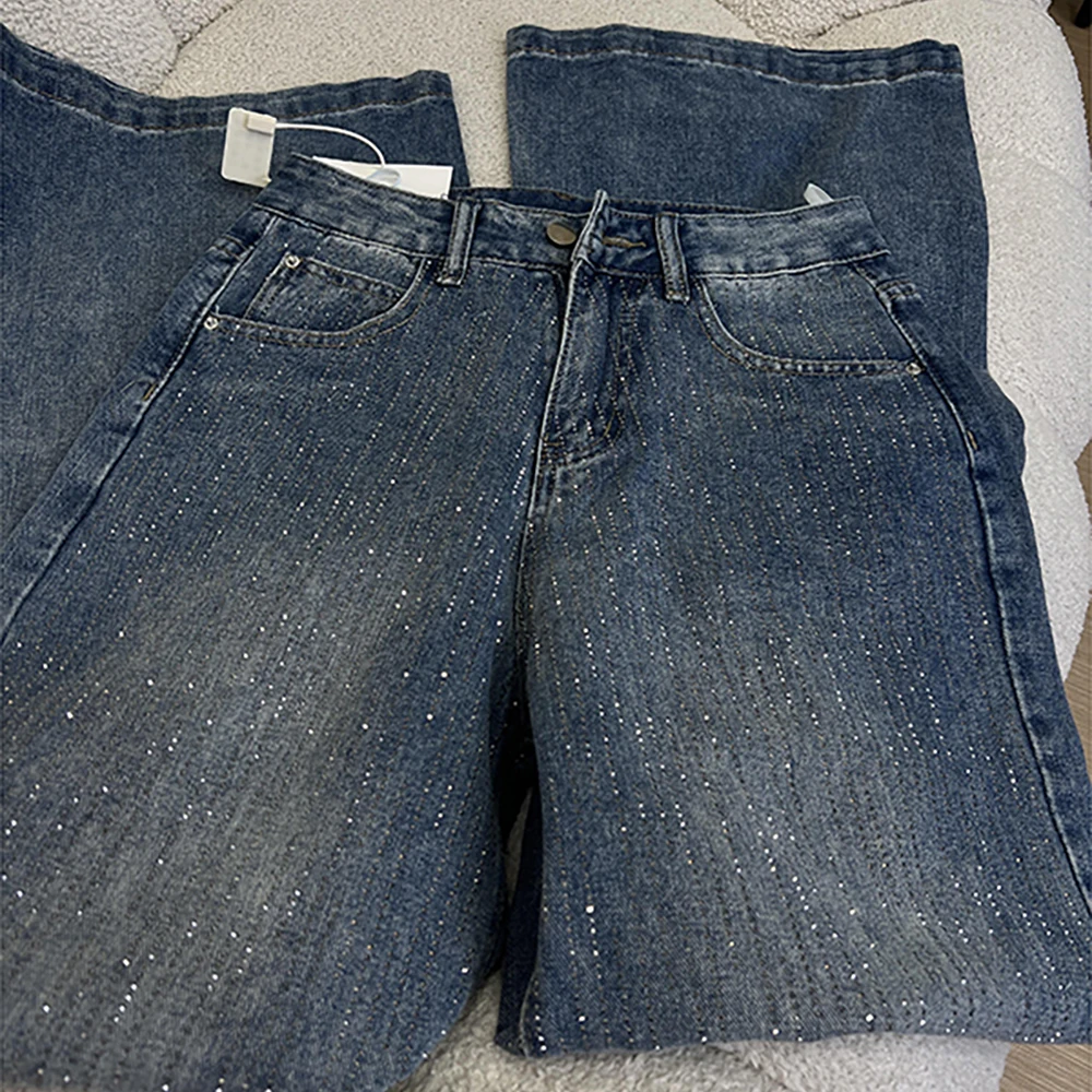 Jean taille haute pour femmes, bleu diamant, mode ciel étoilé, Design strass, pantalon en Denim, jambes larges, ample, scintillant, scintillant