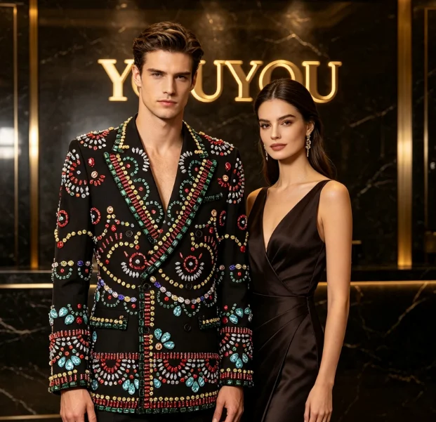 Customized Gorgeous and Shining Crystal Men Suits 2 Pcs Sets Luxuly Groom Wedding Tuxedos Slim Fit Male Prom Blazers Ropa Hombre