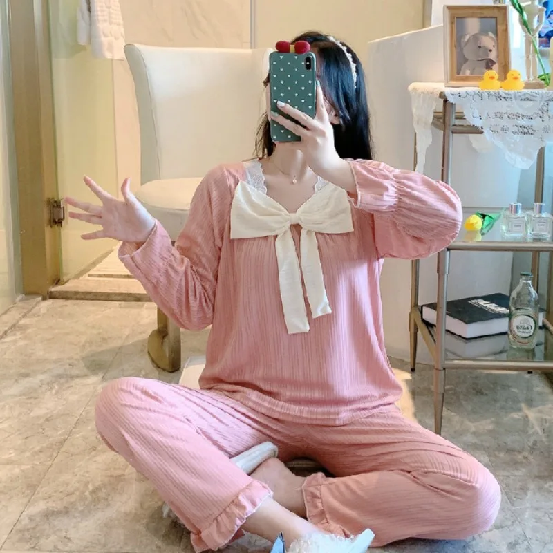 Camisón mujer estilo palaciego pantalones largos de manga larga pijamas de talla grande conjunto de dos piezas romántico mujer Color sólido ropa de dormir a rayas