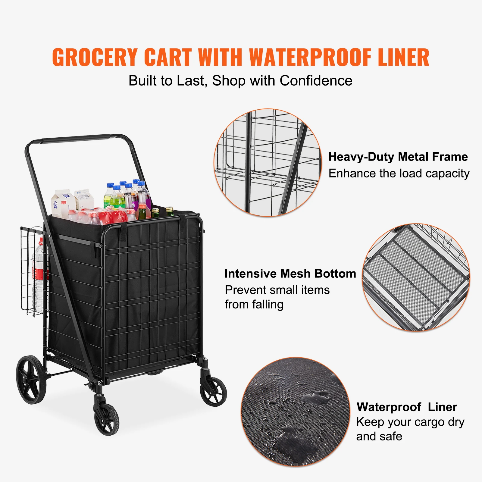 SucceBuy Folding Shopping Cart with Removable Waterproof Liner 330LBS Capacity Jumbo Grocery Cart Heavy Duty Utility forShopping