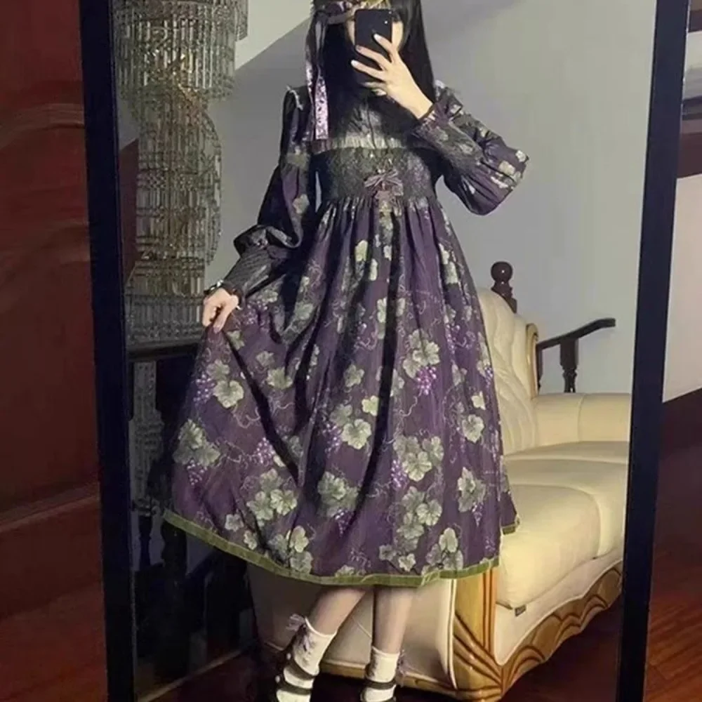 MAGOGO Victorian Gothic Lolita OP Dress Women Retro Elegant Grape Print Stand Collar Long Sleeve Princess Dresses Kawaii Vestido