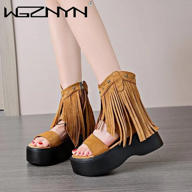 New Retro Fringe Ankle Open Toe Sandals Women New Platform Side Zipper Chunky Heel Sandals Ladies Casual Shoes Zapatos De Mujer