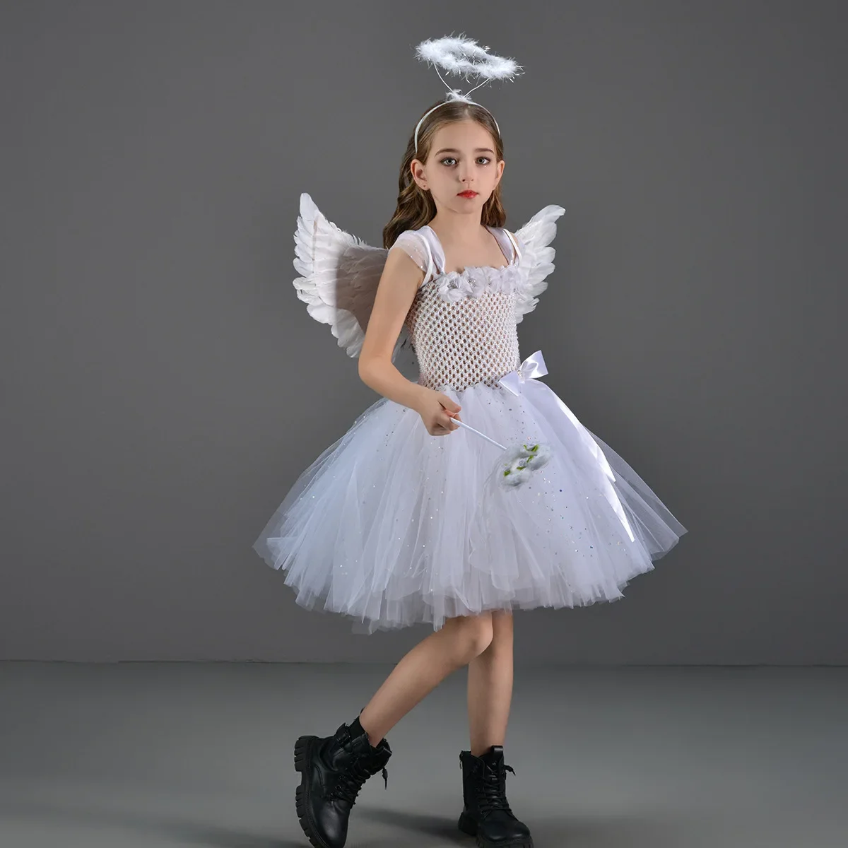 Weißes Engel-Tutu-Kostüm für Mädchen, Prinzessin, Fee, Cosplay-Kleid mit Flügeln, Halloween-Kostüme für Kinder, Mädchen-Kleidung, Outfit 2–12 Jahre