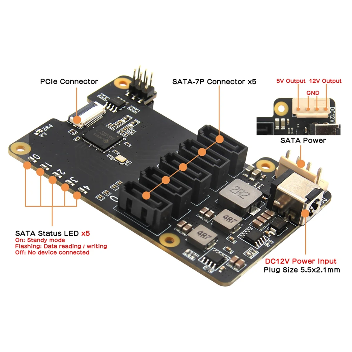 

A43M X1009 PCIe — 5-портовый экран SATA для Raspberry Pi 5 PCIe — 5xSATA 3.0, НЕ поддержка загрузки от HDD/SSD