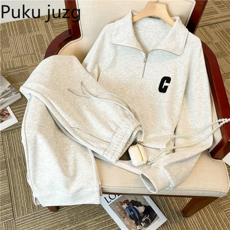 Puku Juzg Spring Gym Two Piece Sets Letter Printed Lapel Cotton Hoodie Tops Casual Wide Leg Pants Sport Set 2023 Female Clothes