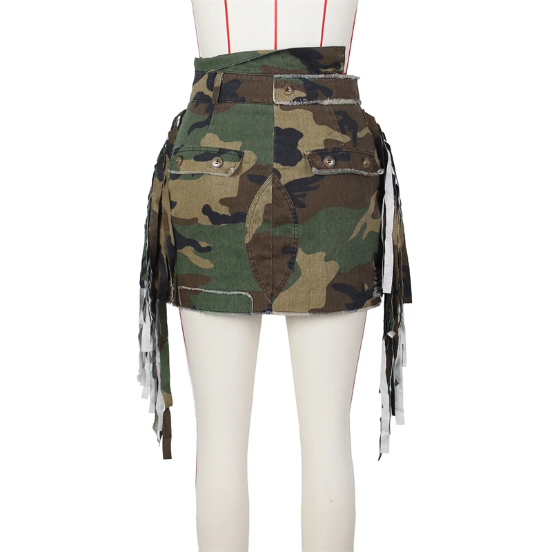 Side Tassel Camouflage Mini Cargo Skirts Women High Waist Buttons Patch Fringed Casual Street Skirt All Matching Skirt