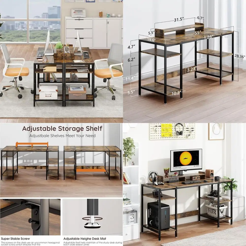 

55 inch Vintage Computer Desk Gaming Desk with Monitor Stand, Home Office Desk for 2 Monitors, Writing Desk with Adjustable Stor